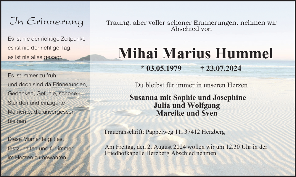  Traueranzeige für Mihai Marius Hummel vom 31.07.2024 aus Harz Kurier