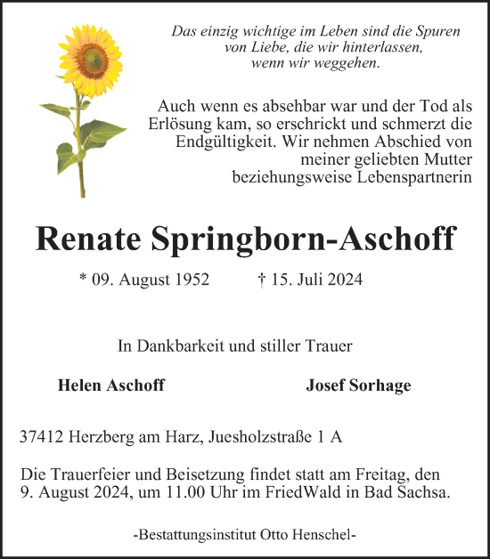 Traueranzeige von Renate Springborn-Aschoff von Harz Kurier