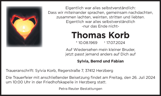 Traueranzeige von Thomas Korb von Harz Kurier