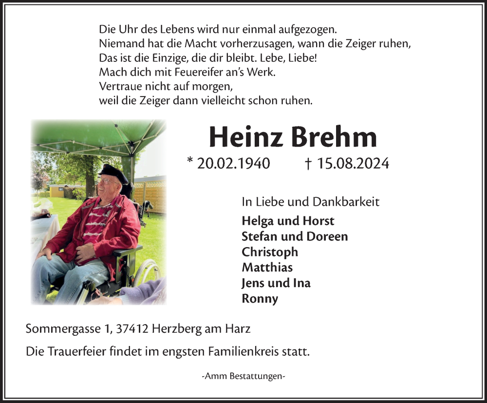  Traueranzeige für Heinz Brehm vom 21.08.2024 aus Harz Kurier