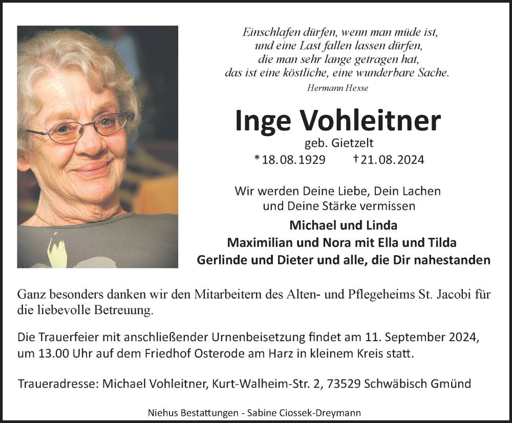  Traueranzeige für Inge Vohleitner vom 31.08.2024 aus Harz Kurier