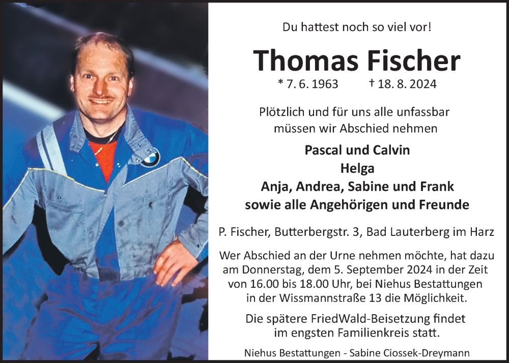  Traueranzeige für Thomas Fischer vom 24.08.2024 aus Harz Kurier