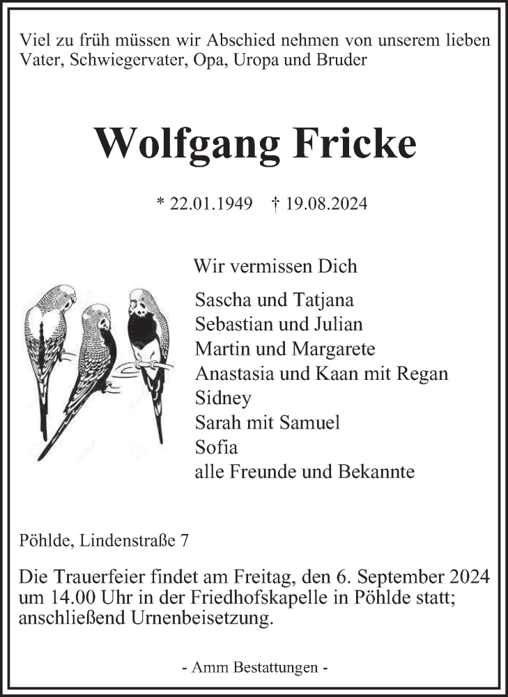  Traueranzeige für Wolfgang Fricke vom 31.08.2024 aus Harz Kurier