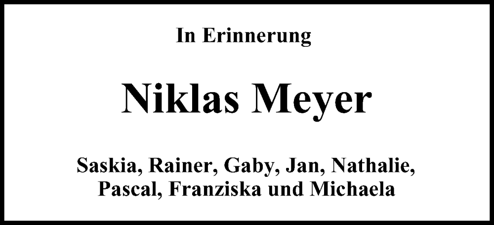  Traueranzeige für Niklas Meyer vom 28.09.2024 aus Harz Kurier