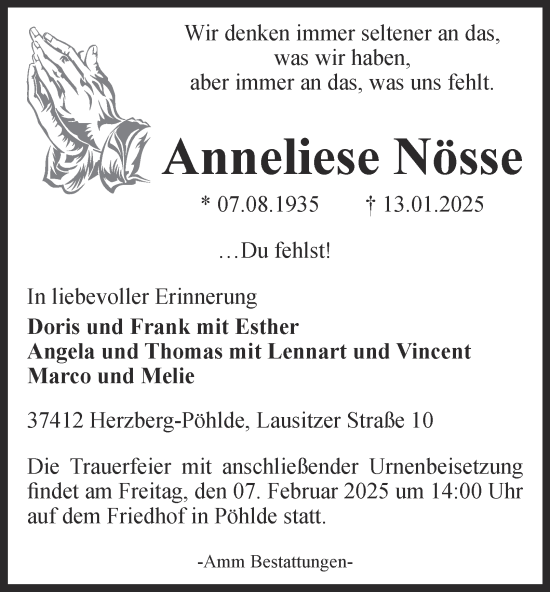 Traueranzeige von Anneliese Nösse von Harz Kurier