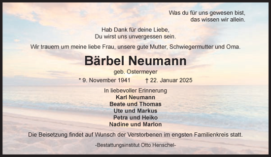 Traueranzeige von Bärbel Neumann von Harz Kurier