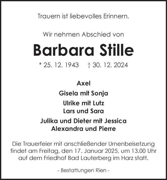 Traueranzeige von Barbara Stille von Harz Kurier