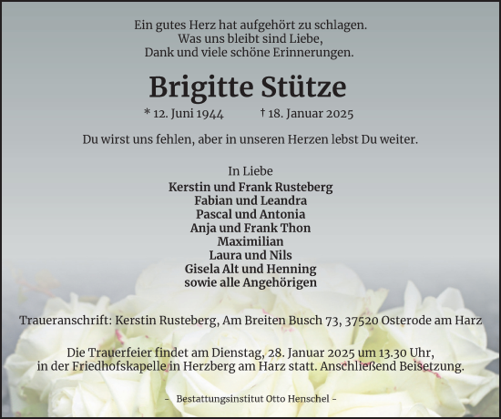 Traueranzeige von Brigitte Stütze von Harz Kurier