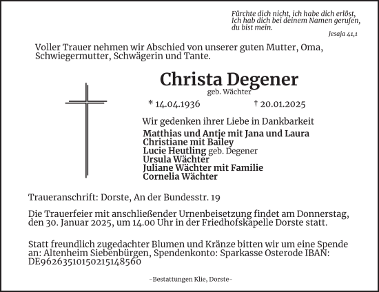 Traueranzeige von Christa Degener von Harz Kurier