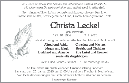 Traueranzeige von Christa Leckel von Harz Kurier