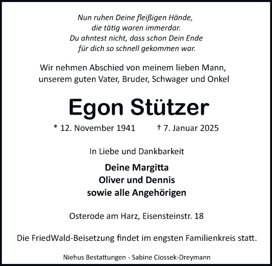 Traueranzeige von Egon Stützer von Harz Kurier