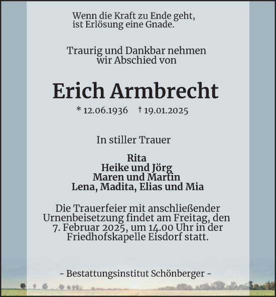 Traueranzeige von Erich Armbrecht von Harz Kurier