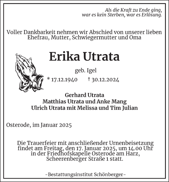 Traueranzeige von Erika Utrata von Harz Kurier