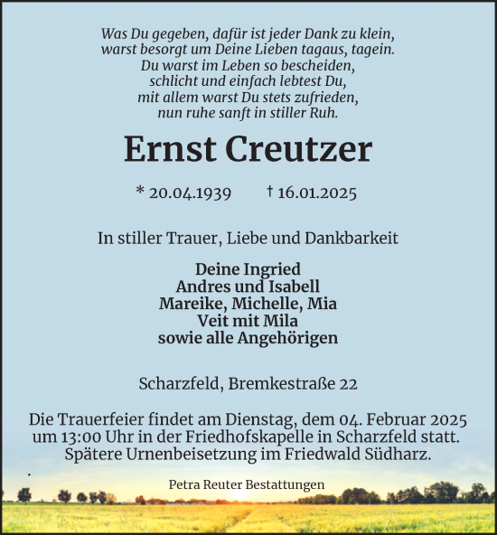 Traueranzeige von Ernst Creutzer von Harz Kurier