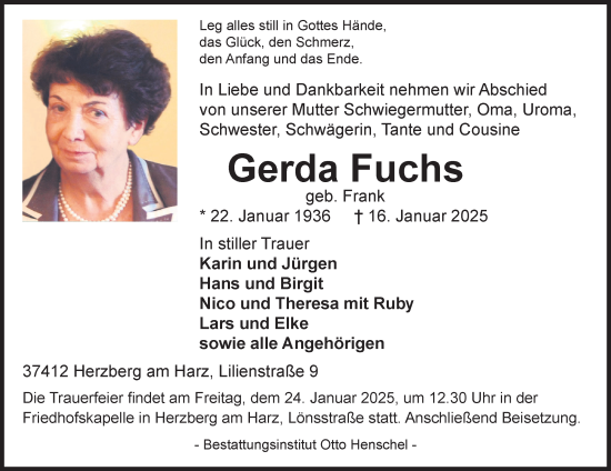 Traueranzeige von Gerda Fuchs von Harz Kurier