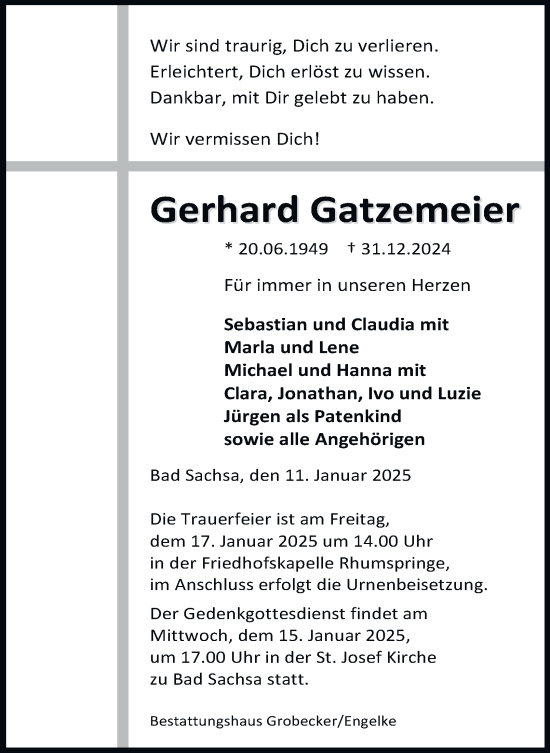 Traueranzeige von Gerhard Gatzemeier von Harz Kurier