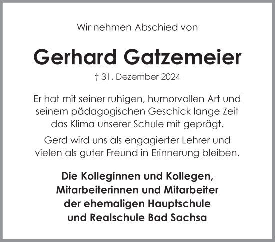 Traueranzeige von Gerhard Gatzemeier von Harz Kurier