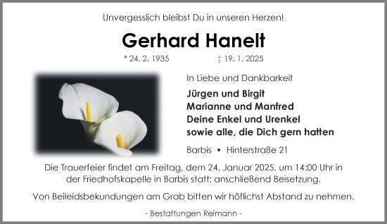 Traueranzeige von Gerhard Hanelt von Harz Kurier