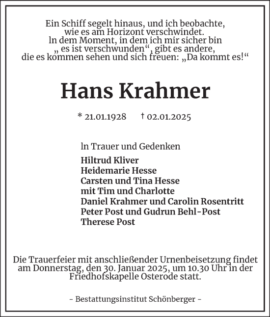 Traueranzeige von Hans Krahmer von Harz Kurier