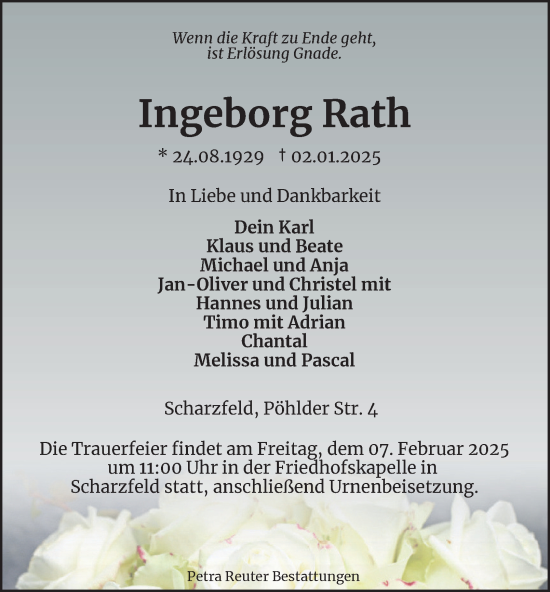 Traueranzeige von Ingeborg Rath von Harz Kurier