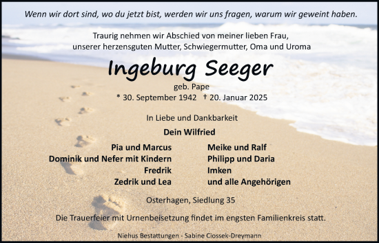 Traueranzeige von Ingeburg Seeger von Harz Kurier