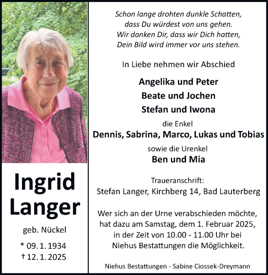 Traueranzeige von Ingrid Langer von Harz Kurier