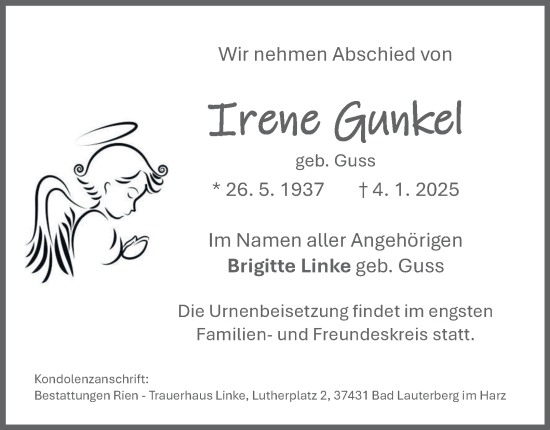 Traueranzeige von Irene Gunkel von Harz Kurier