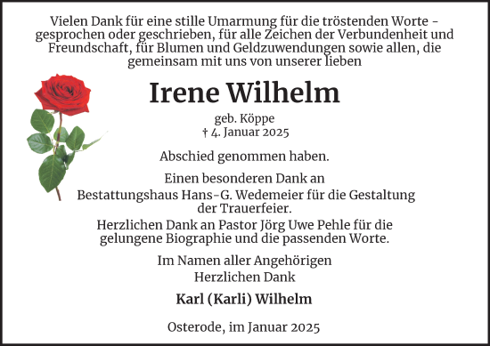 Traueranzeige von Irene Wilhelm von Harz Kurier