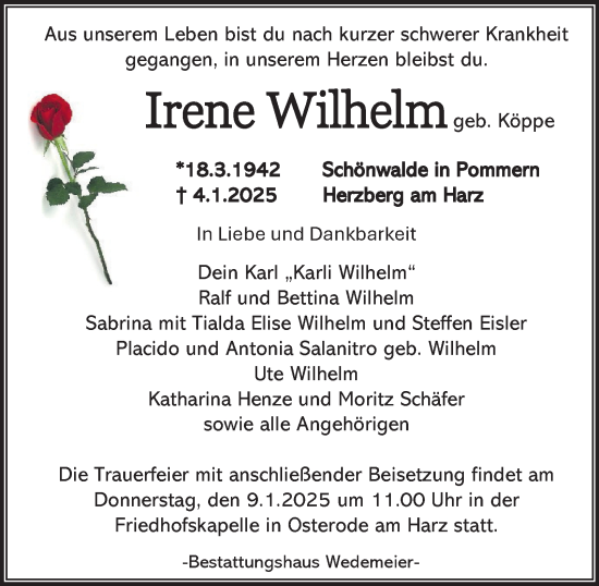 Traueranzeige von Irene Wilhelm von Harz Kurier