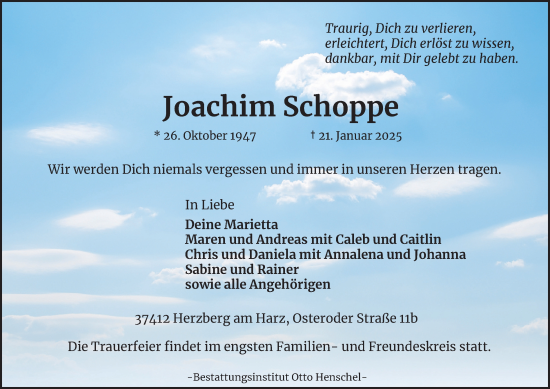 Traueranzeige von Joachim Schoppe von Harz Kurier