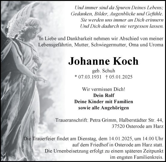 Traueranzeige von Johanne Koch von Harz Kurier