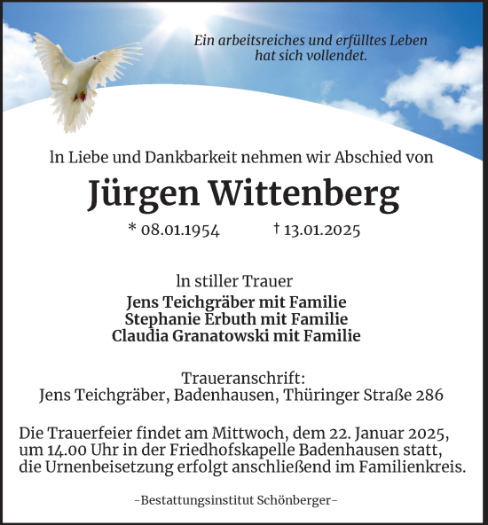 Traueranzeige von Jürgen Wittenberg von Harz Kurier