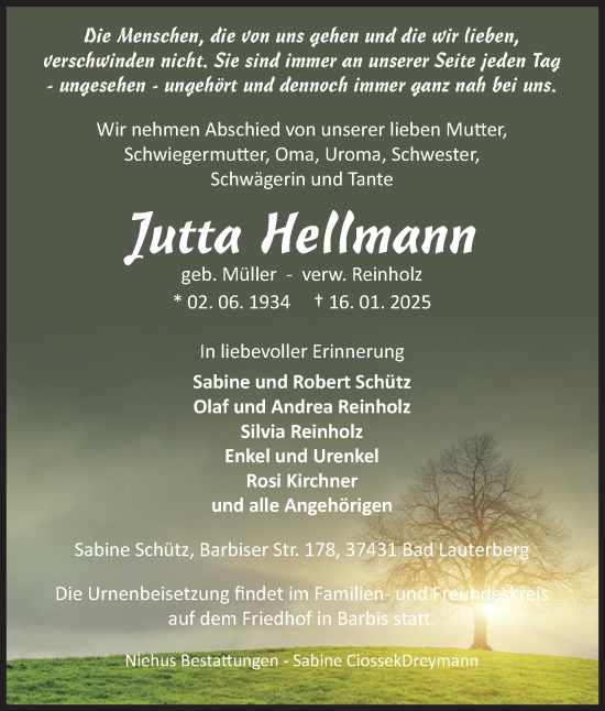 Traueranzeige von Jutta Hellmann von Harz Kurier