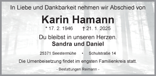 Traueranzeige von Karin Hamann von Harz Kurier