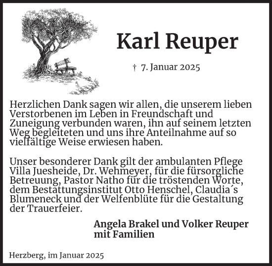 Traueranzeige von Karl Reuper von Harz Kurier