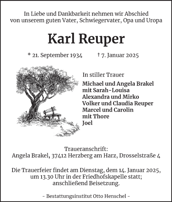 Traueranzeige von Karl Reuper von Harz Kurier