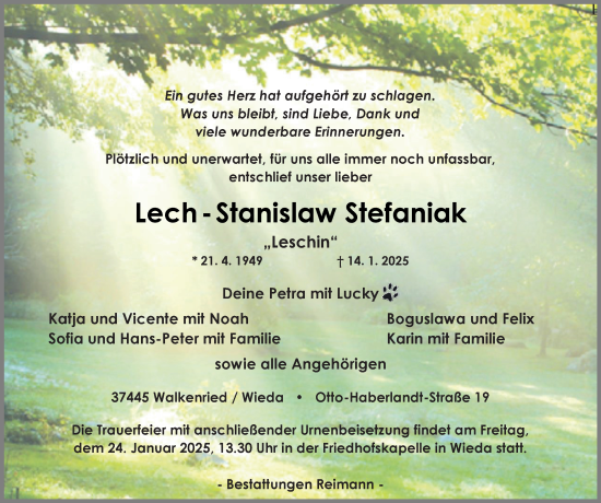 Traueranzeige von Lech-Stanislaw Stefaniak von Harz Kurier