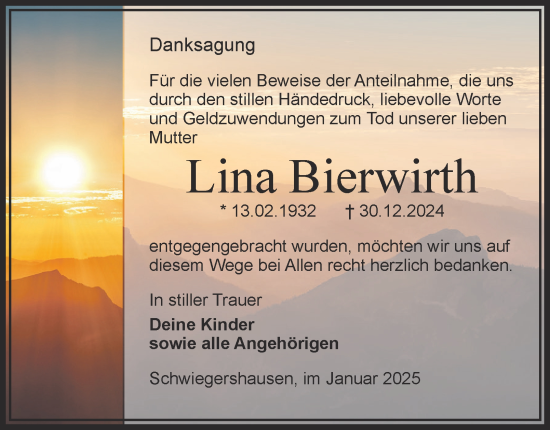 Traueranzeige von Lina Bierwirth von Harz Kurier