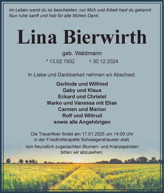 Traueranzeige von Lina Bierwirth von Harz Kurier