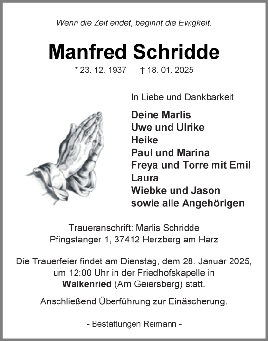 Traueranzeige von Manfred Schridde von Harz Kurier