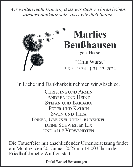 Traueranzeige von Marlies Beußhausen von Harz Kurier