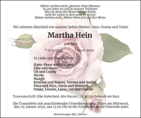 Traueranzeige von Martha Hein von Harz Kurier