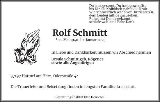 Traueranzeige von Rolf Schmitt von Harz Kurier