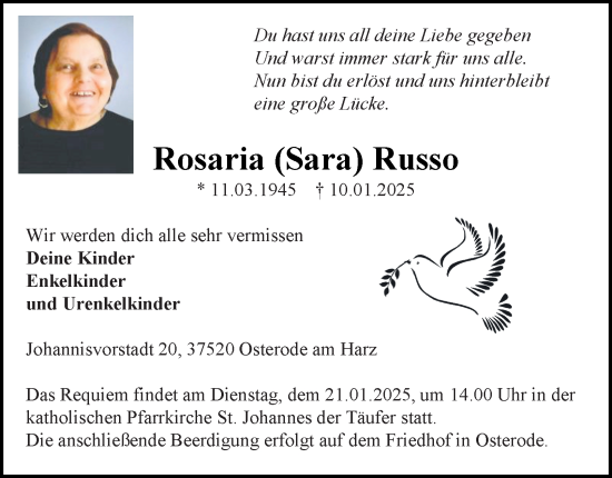 Traueranzeige von Rosaria Russo von Harz Kurier