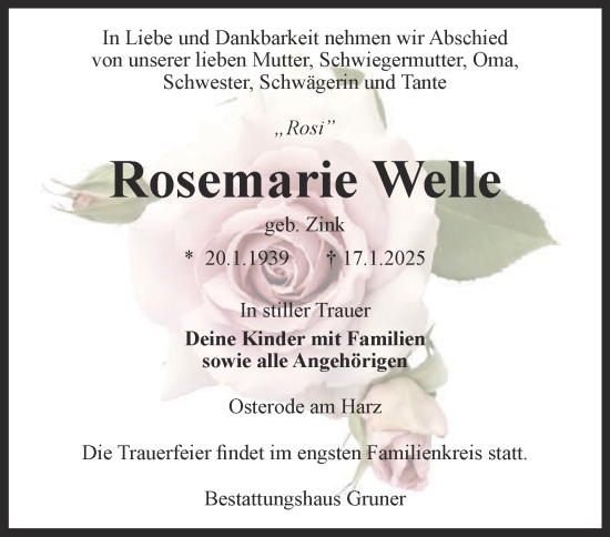 Traueranzeige von Rosemarie Welle von Harz Kurier