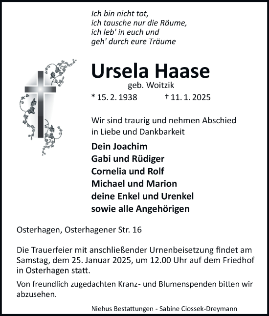 Traueranzeige von Ursela Haase von Harz Kurier