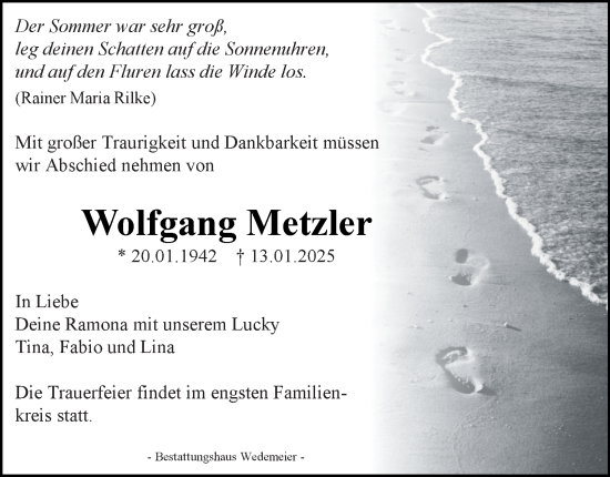 Traueranzeige von Wolfgang Metzler von Harz Kurier