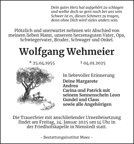 Traueranzeige von Wolfgang Wehmeier von Harz Kurier